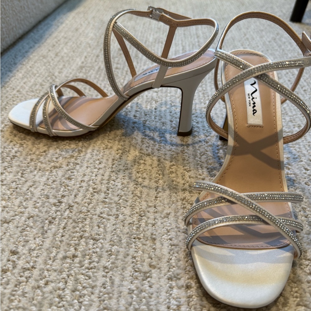 Nina Ivory Metallic Strappy Heels with Rhinestones